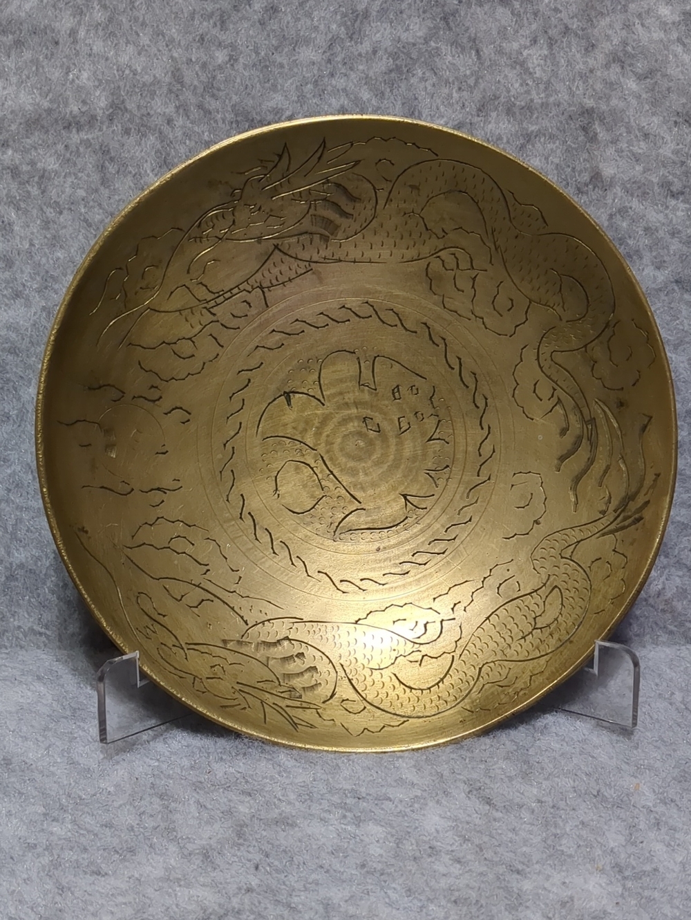 Vintage Large Solid Brass Bowl Hand Etched Asian Dragon Design Bowl 8”